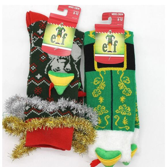Buddy The Elf Men’s Crew Socks 3D Costume Felt Hat Garland Green Christmas Movie - Picture 3 of 9